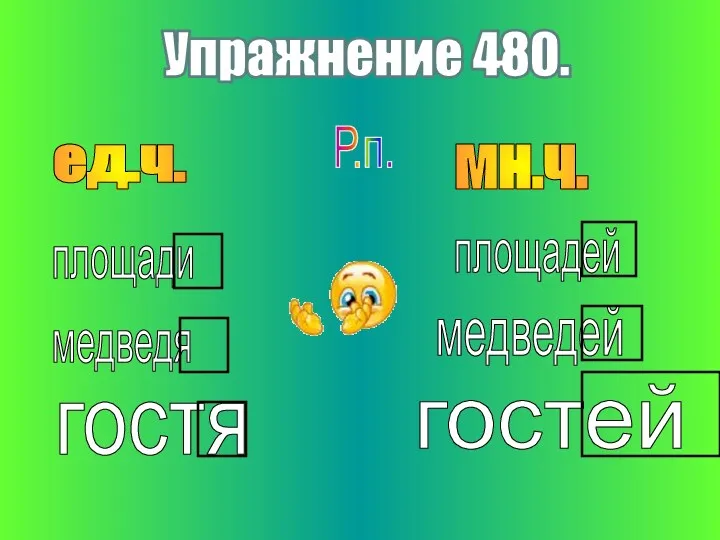 Упражнение 480. ед.ч. мн.ч. Р.п. медведя площади гостя гостей медведей площадей