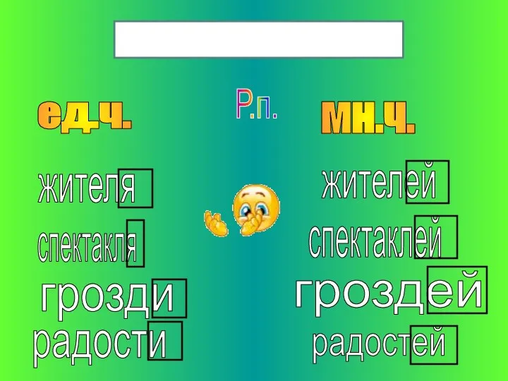 . ед.ч. мн.ч. Р.п. спектакля жителя грозди гроздей спектаклей жителей радости радостей