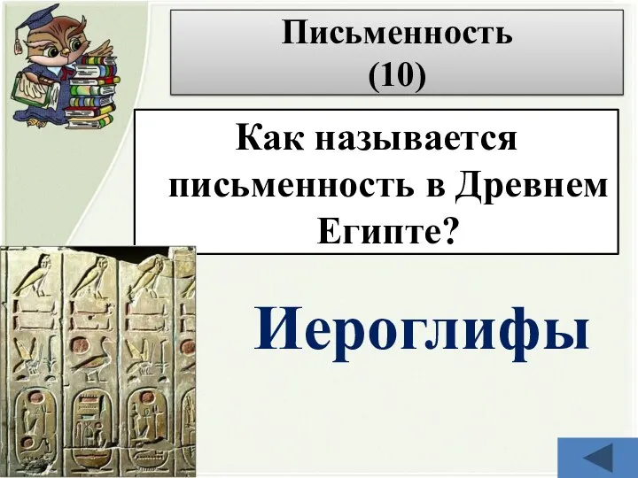 Письменность (10) Как называется письменность в Древнем Египте? Иероглифы