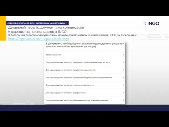 Детальний перелік документів на компенсацію (якщо заклад не співпрацює із INGO) З детальним