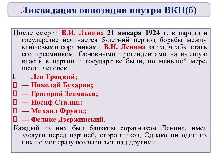 После смерти В.И. Ленина 21 января 1924 г. в партии
