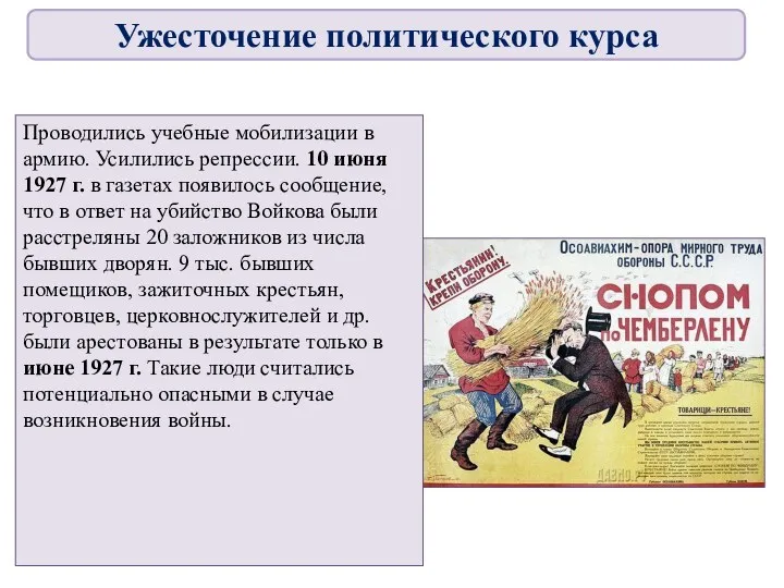 Проводились учебные мобилизации в армию. Усилились репрессии. 10 июня 1927