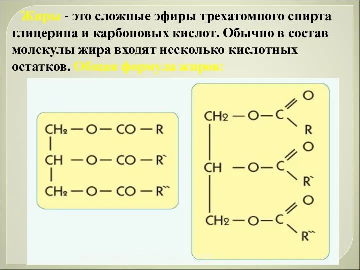 Жиры - это сложные эфиры трехатомного спирта глицерина и карбоновых