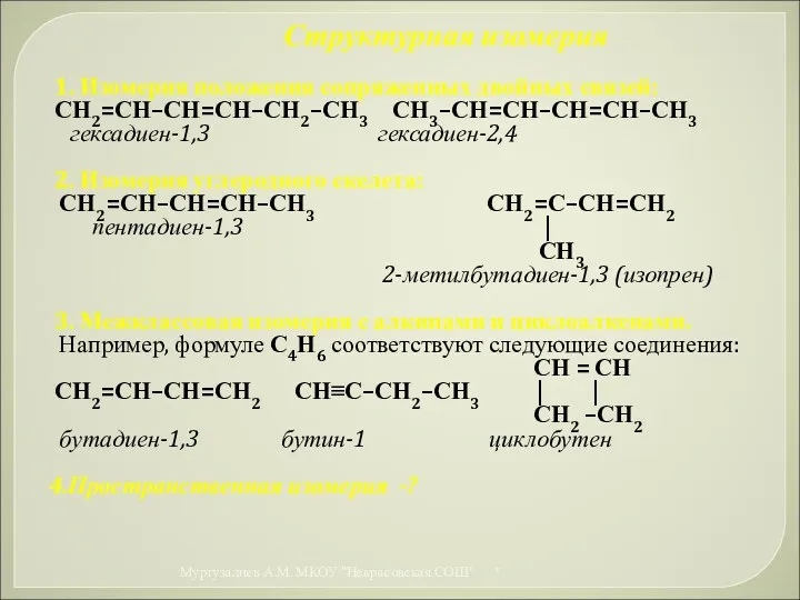 Структурная изомерия 1. Изомерия положения сопряженных двойных связей: СН2=СН–СН=СН–СН2–СН3 СН3–СН=СН–СН=СН–СН3