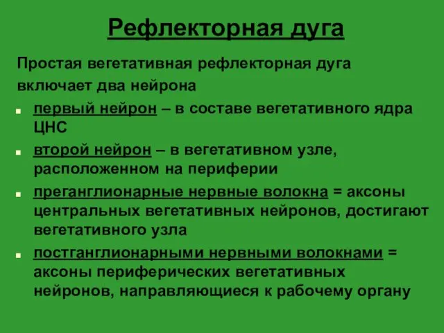 Рефлекторная дуга Простая вегетативная рефлекторная дуга включает два нейрона первый нейрон – в