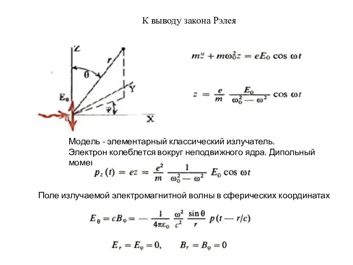 К выводу закона Рэлея Модель - элементарный классический излучатель. Электрон колеблется вокруг неподвижного