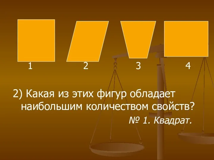 1 2 3 4 2) Какая из этих фигур обладает наибольшим количеством свойств? № 1. Квадрат.