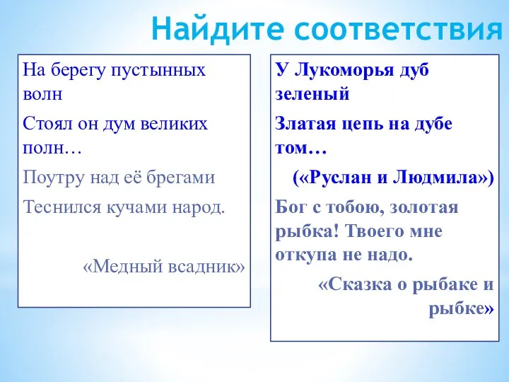 Найдите соответствия На берегу пустынных волн Стоял он дум великих полн… Поутру над