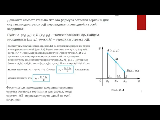 Формулы для нахождения координат середины отрезка остаются верными и для