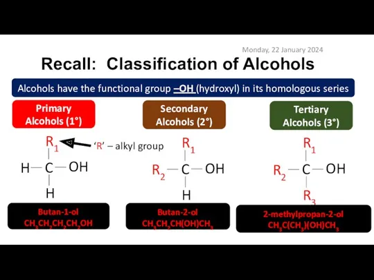 Recall: Classification of Alcohols Monday, 22 January 2024 Alcohols have