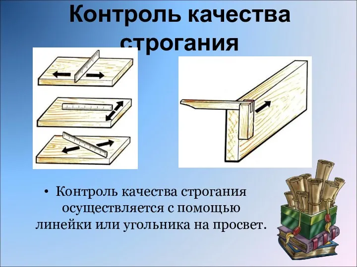 Контроль качества строгания Контроль качества строгания осуществляется с помощью линейки или угольника на просвет.