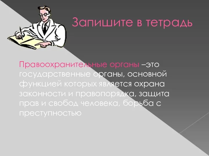 Запишите в тетрадь Правоохранительные органы –это государственные органы, основной функцией