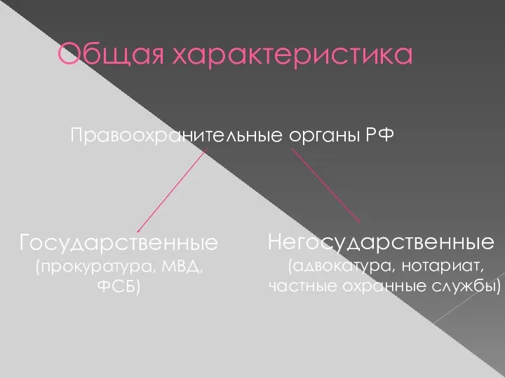 Общая характеристика Правоохранительные органы РФ Негосударственные (адвокатура, нотариат, частные охранные службы) Государственные (прокуратура, МВД, ФСБ)