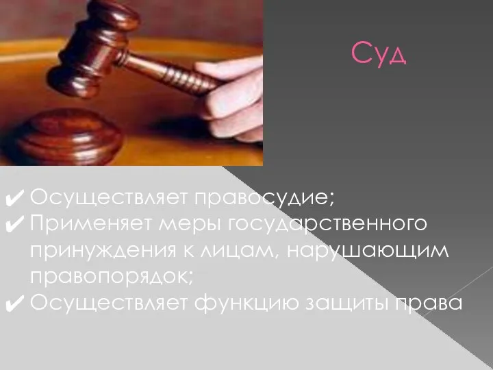 Суд Осуществляет правосудие; Применяет меры государственного принуждения к лицам, нарушающим правопорядок; Осуществляет функцию защиты права