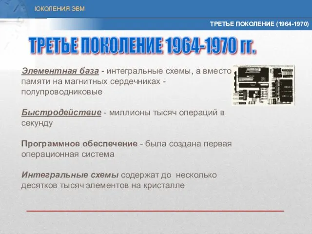 ТРЕТЬЕ ПОКОЛЕНИЕ (1964-1970) Элементная база - интегральные схемы, а вместо