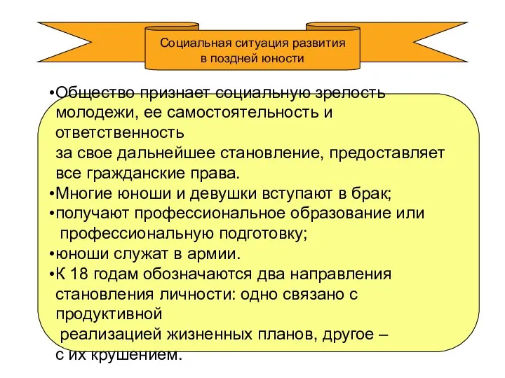 Социальная ситуация развития в поздней юности Общество признает социальную зрелость