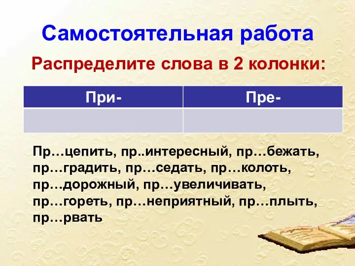 Самостоятельная работа Пр…цепить, пр..интересный, пр…бежать, пр…градить, пр…седать, пр…колоть, пр…дорожный, пр…увеличивать,