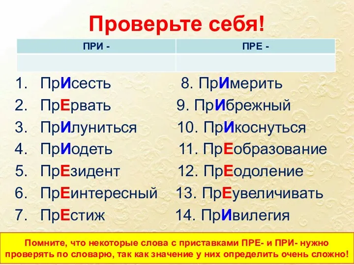 Проверьте себя! ПрИсесть 8. ПрИмерить ПрЕрвать 9. ПрИбрежный ПрИлуниться 10.