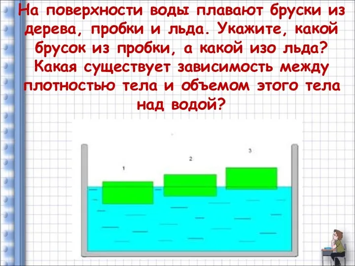 На поверхности воды плавают бруски из дерева, пробки и льда.