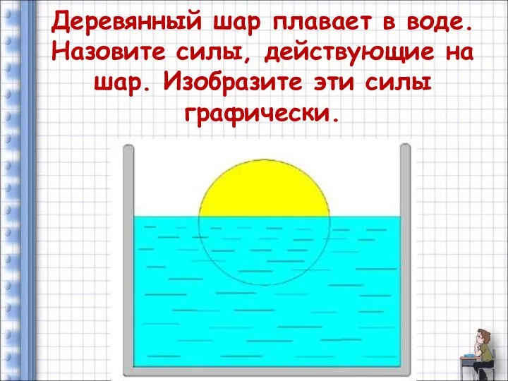 Деревянный шар плавает в воде. Назовите силы, действующие на шар. Изобразите эти силы графически.