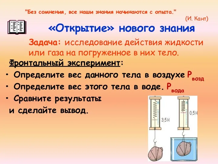 «Открытие» нового знания Фронтальный эксперимент: Определите вес данного тела в