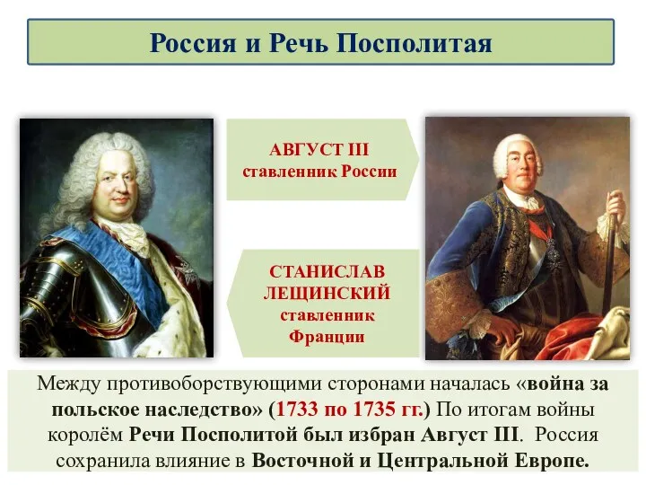 Между противоборствующими сторонами началась «война за польское наследство» (1733 по 1735 гг.) По