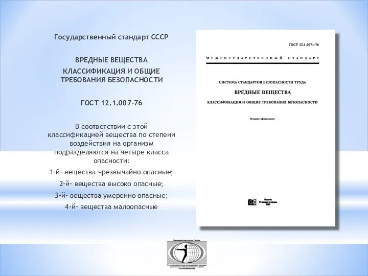 Государственный стандарт СССР ВРЕДНЫЕ ВЕЩЕСТВА КЛАССИФИКАЦИЯ И ОБЩИЕ ТРЕБОВАНИЯ БЕЗОПАСНОСТИ ГОСТ 12.1.007-76 В