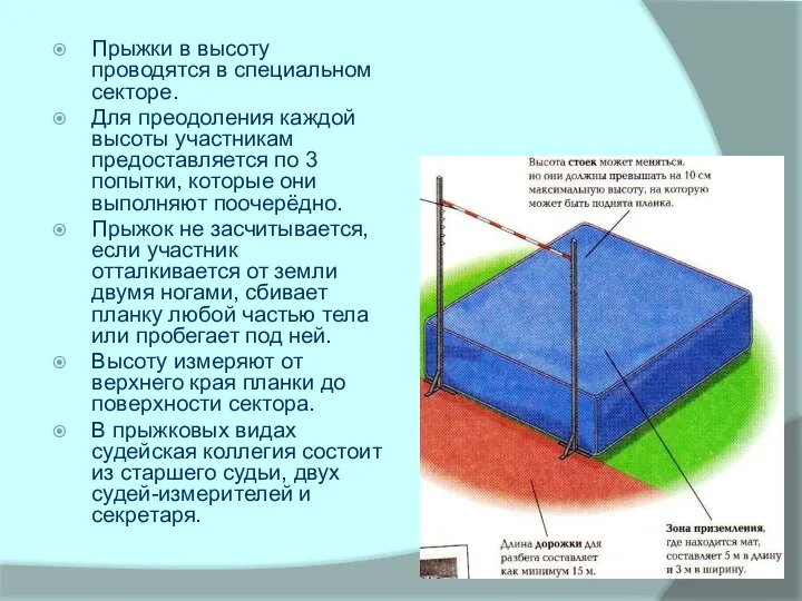 Прыжки в высоту проводятся в специальном секторе. Для преодоления каждой