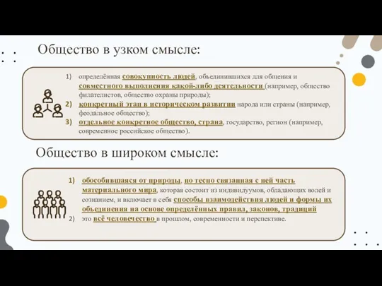 Общество в узком смысле: определённая совокупность людей, объединившихся для общения