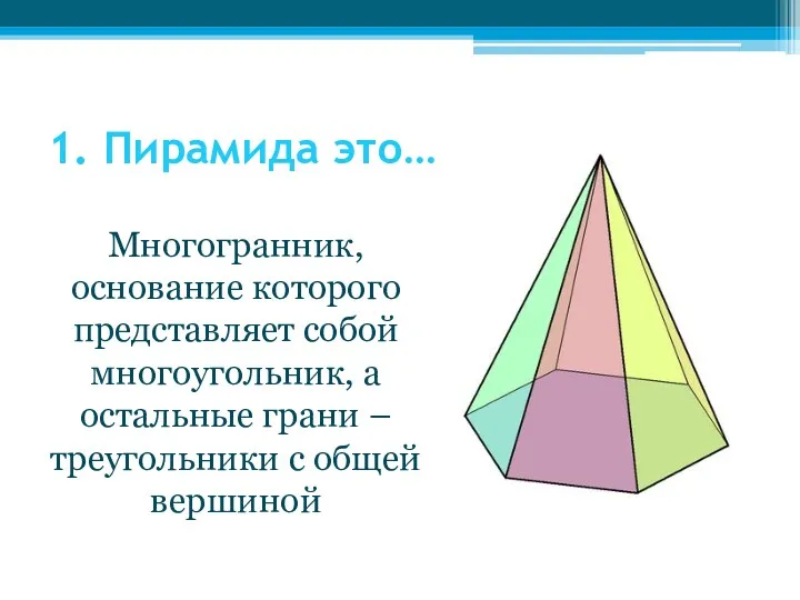 1. Пирамида это… Многогранник, основание которого представляет собой многоугольник, а