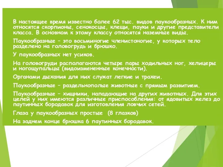 В настоящее время известно более 62 тыс. видов паукообразных. К