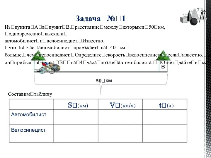 Задачаꢀ№ꢀ1 ИзꢀпунктаꢀАꢀвꢀпунктꢀВ,ꢀрасстояниеꢀмеждуꢀкоторымиꢀ50ꢀкм,ꢀодновременноꢀвыехалиꢀ автомобилистꢀиꢀвелосипедист.ꢀИзвестно,ꢀчтоꢀвꢀчасꢀавтомобилистꢀпроезжаетꢀнаꢀ40ꢀкмꢀ больше,ꢀчемꢀвелосипедист.ꢀОпределитеꢀскоростьꢀвелосипедиста,ꢀеслиꢀизвестно,ꢀчтоꢀ онꢀприбылꢀвꢀпунктꢀВꢀꢀнаꢀ4ꢀчасаꢀпозжеꢀавтомобилиста.ꢀꢀОтветꢀдайтеꢀвꢀкм/ч. В 50ꢀкм Составимꢀтаблицу Sꢀ(км) Vꢀ(км/ч) tꢀ(ч) Автомобилист Велосипедист