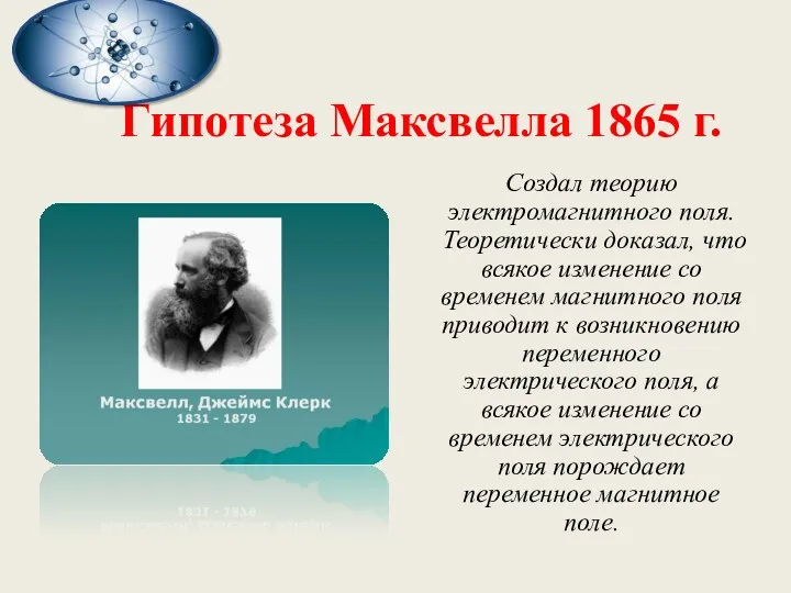 Гипотеза Максвелла 1865 г. Создал теорию электромагнитного поля. Теоретически доказал, что всякое изменение