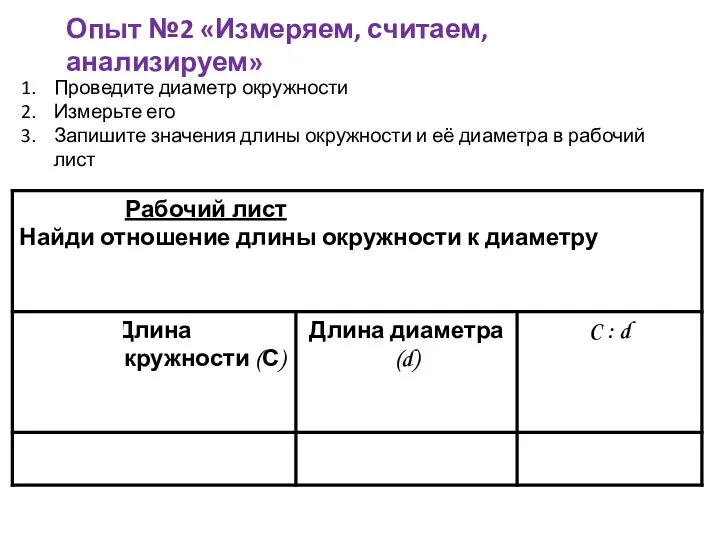 Опыт №2 «Измеряем, считаем, анализируем» Проведите диаметр окружности Измерьте его