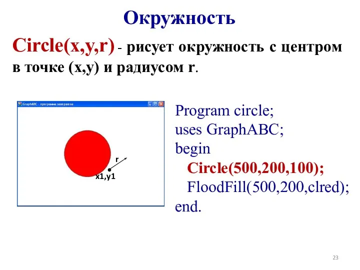 Circle(x,y,r) - рисует окружность с центром в точке (x,y) и
