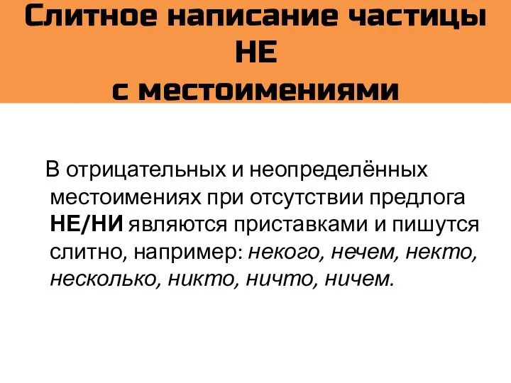 Слитное написание частицы НЕ с местоимениями В отрицательных и неопределённых