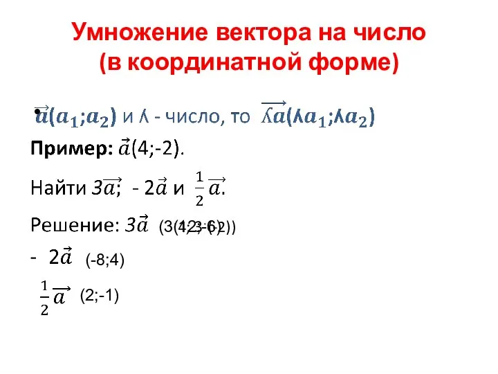 Умножение вектора на число (в координатной форме) (3ˑ4; 3ˑ(-2)) (12;-6) (-8;4) (2;-1)