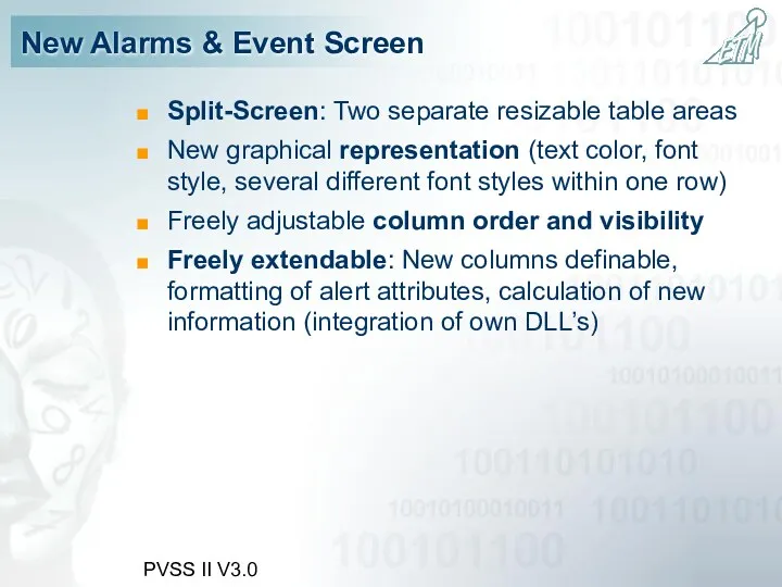 PVSS II V3.0 New Alarms & Event Screen Split-Screen: Two