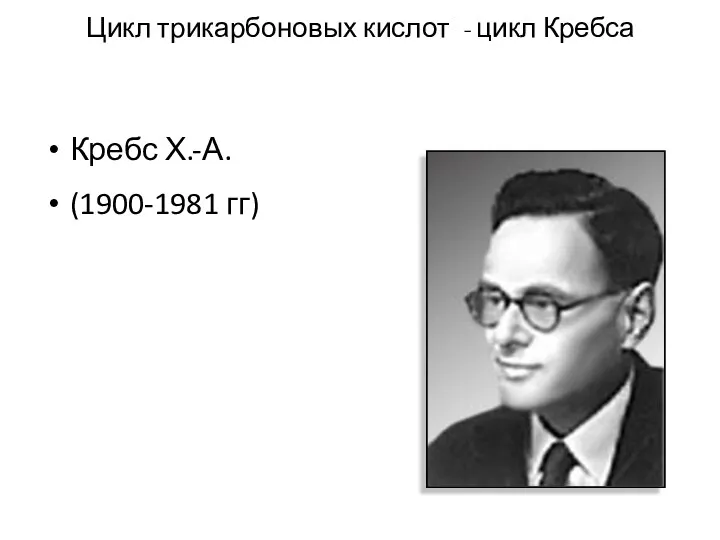 Цикл трикарбоновых кислот - цикл Кребса Кребс Х.-А. (1900-1981 гг)