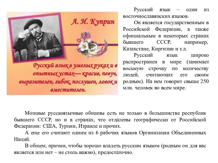 Русский язык – один из восточнославянских языков. Он является государственным