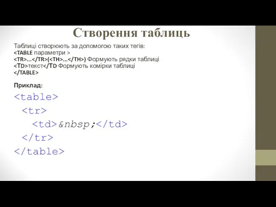 Створення таблиць Таблиці створюють за допомогою таких тегів: ... (