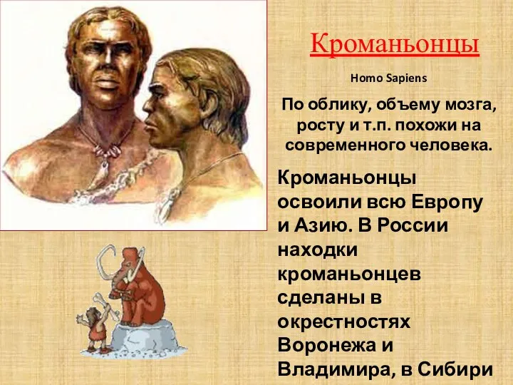 Кроманьонцы Homo Sapiens По облику, объему мозга, росту и т.п.