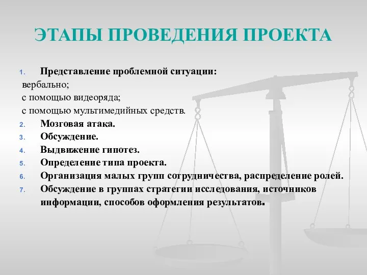 ЭТАПЫ ПРОВЕДЕНИЯ ПРОЕКТА Представление проблемной ситуации: вербально; с помощью видеоряда;