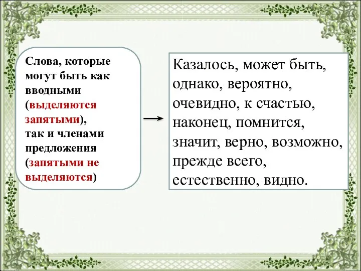 Слова, которые могут быть как вводными (выделяются запятыми), так и