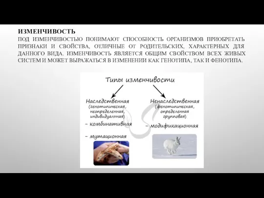 ИЗМЕНЧИВОСТЬ ПОД ИЗМЕНЧИВОСТЬЮ ПОНИМАЮТ СПОСОБНОСТЬ ОРГАНИЗМОВ ПРИОБРЕТАТЬ ПРИЗНАКИ И СВОЙСТВА,