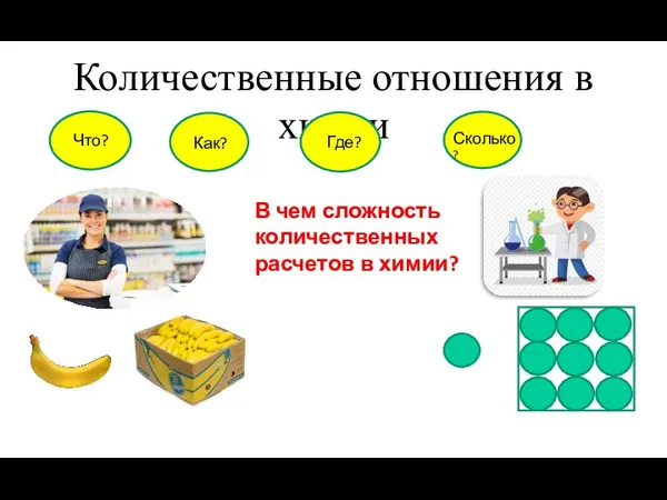 Количественные отношения в химии Что? Как? Где? Сколько? В чем сложность количественных расчетов в химии?