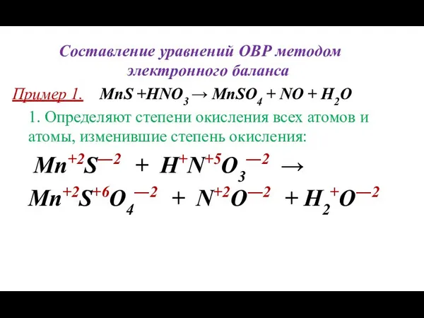 Составление уравнений ОВР методом электронного баланса Пример 1. MnS +HNO3