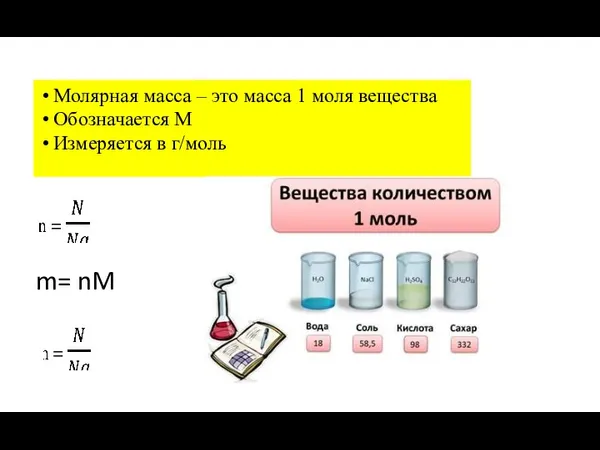 Молярная масса – это масса 1 моля вещества Обозначается М Измеряется в г/моль m= nM