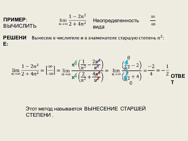 Неопределенность вида Этот метод называется ВЫНЕСЕНИЕ СТАРШЕЙ СТЕПЕНИ . ПРИМЕР: ВЫЧИСЛИТЬ РЕШЕНИЕ: ОТВЕТ