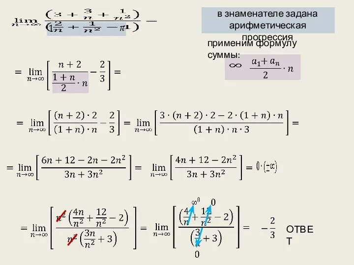 ОТВЕТ в знаменателе задана арифметическая прогрессия применим формулу суммы: